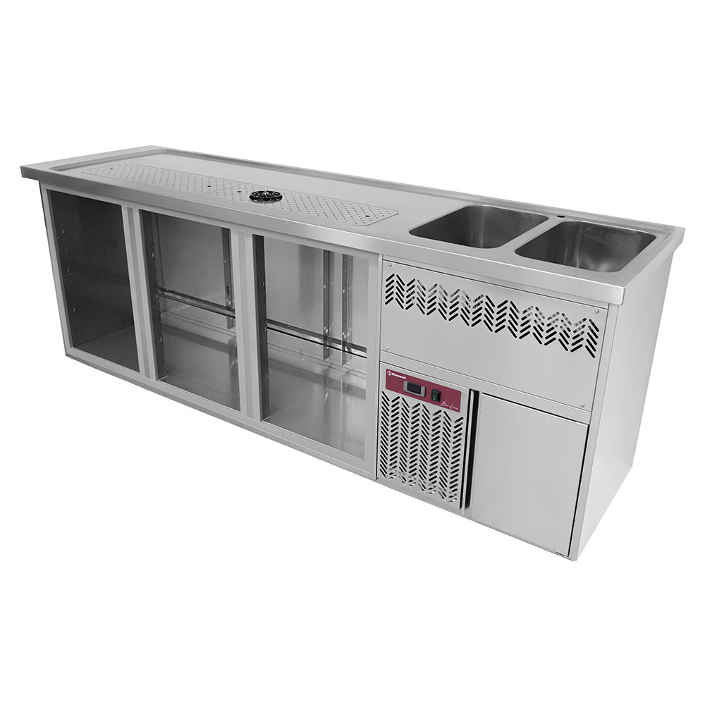 Diamond Bartheke mit 3 Fächern, Abtropffläche + Gitter, 2 Spülbecken rechts. - KBR/32D