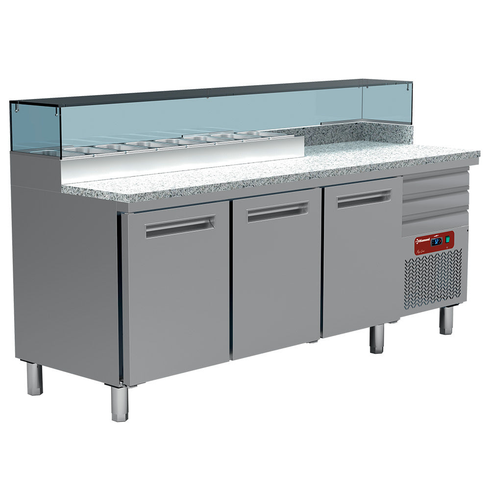Diamond Kühltisch für Pizzeria, 3 Türen 600x400, 3 neutrale Schubladen 600x400, Kühlstruktur 8x GN 1/4 - MR-MAXIPIZZA/R2