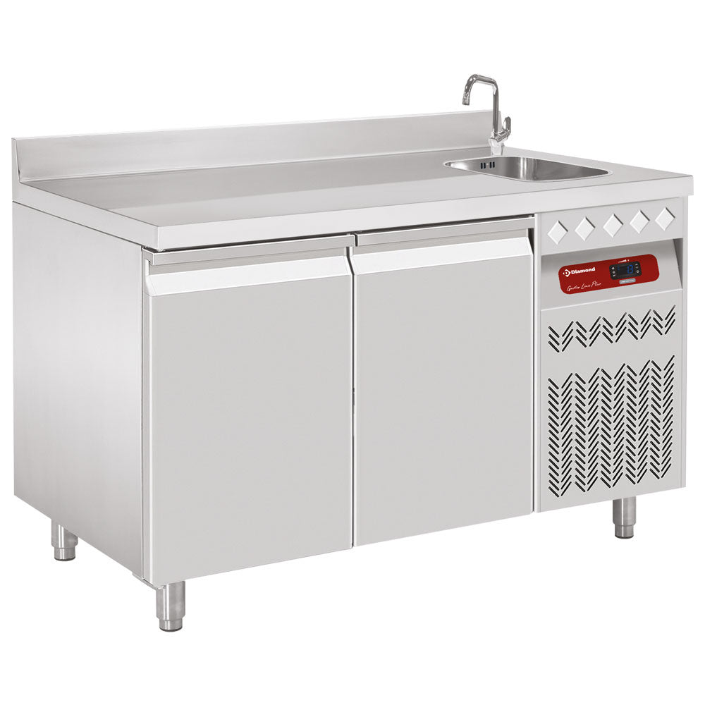 Diamond Ventilated "mural" cooling table, 2 doors GN 1/1, 260 Lit. with sink - DT131/P9A_EV
