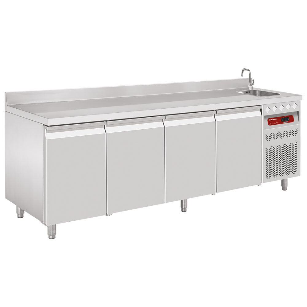 Diamond Ventilated "wall" cooling table, 4 doors GN 1/1,  550 Lit. with sink - DT224/P9A_EV