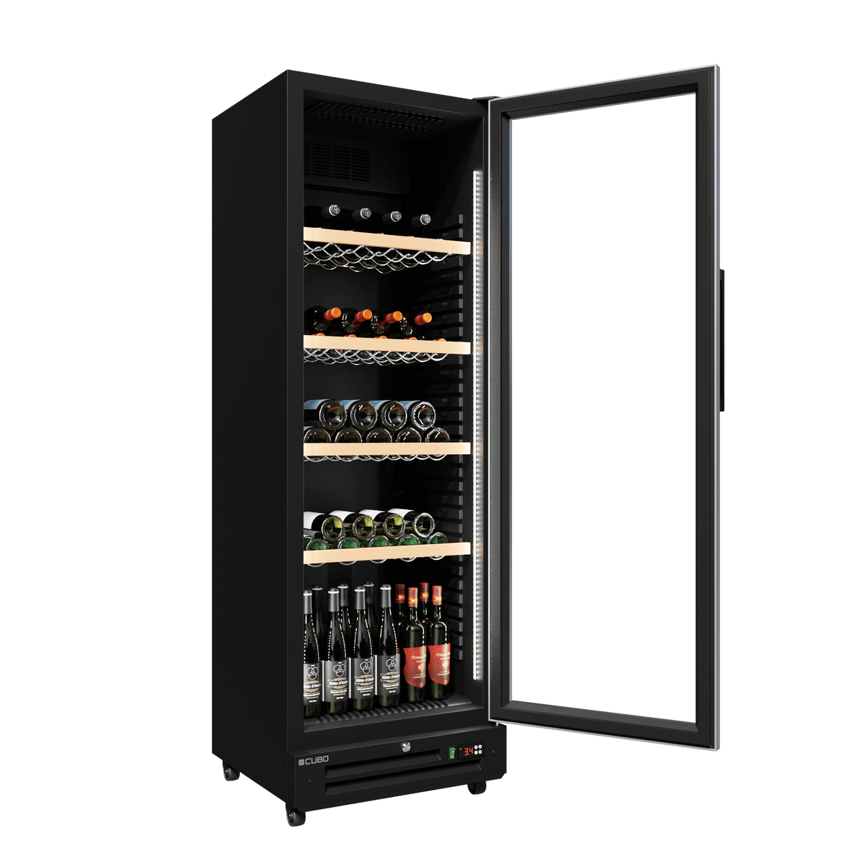 CUBO Wine Display Cooler / Fridge 360L - 1 Door - 5 Shelves - Glass Door - Black Interior / Wooden Guardrail - CS-WF375