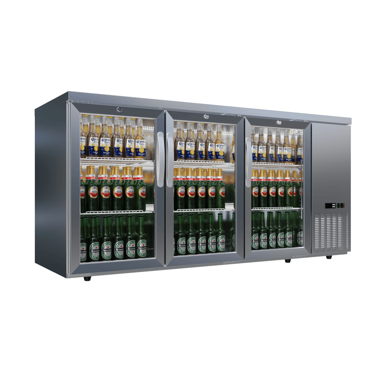 CUBO Barkoelkast met hoge capaciteit 516L - 3 scharnierende glazen deuren roestvrij staal - Lage zijkoeling - 470 flessen - CS-526HR