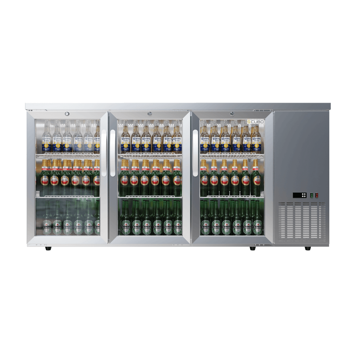 CUBO Barkoelkast met hoge capaciteit 516L - 3 scharnierende glazen deuren roestvrij staal - Lage zijkoeling - 470 flessen - CS-526HR