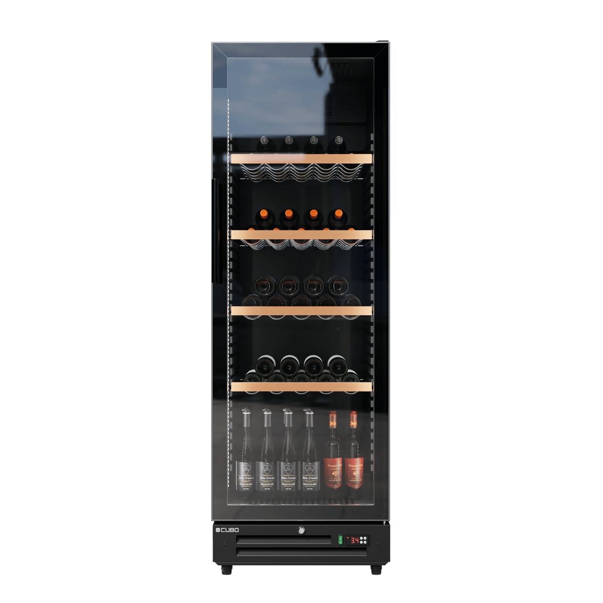 CUBO Wine Display Cooler / Fridge 360L - 1 Door - 5 Shelves - Glass Door - Black Interior / Wooden Guardrail - CS-WF375