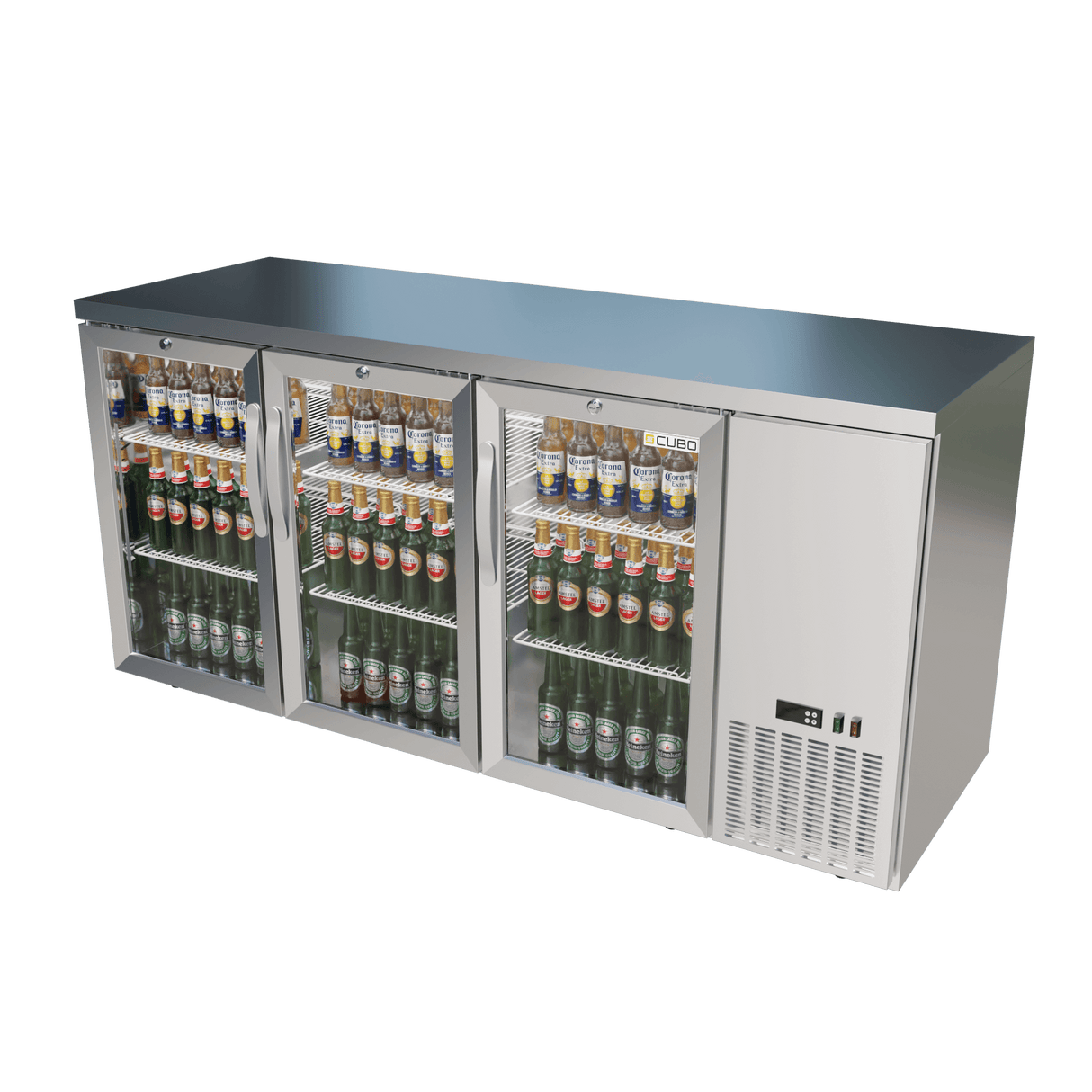 CUBO Barkoelkast met hoge capaciteit 516L - 3 scharnierende glazen deuren roestvrij staal - Lage zijkoeling - 470 flessen - CS-526HR