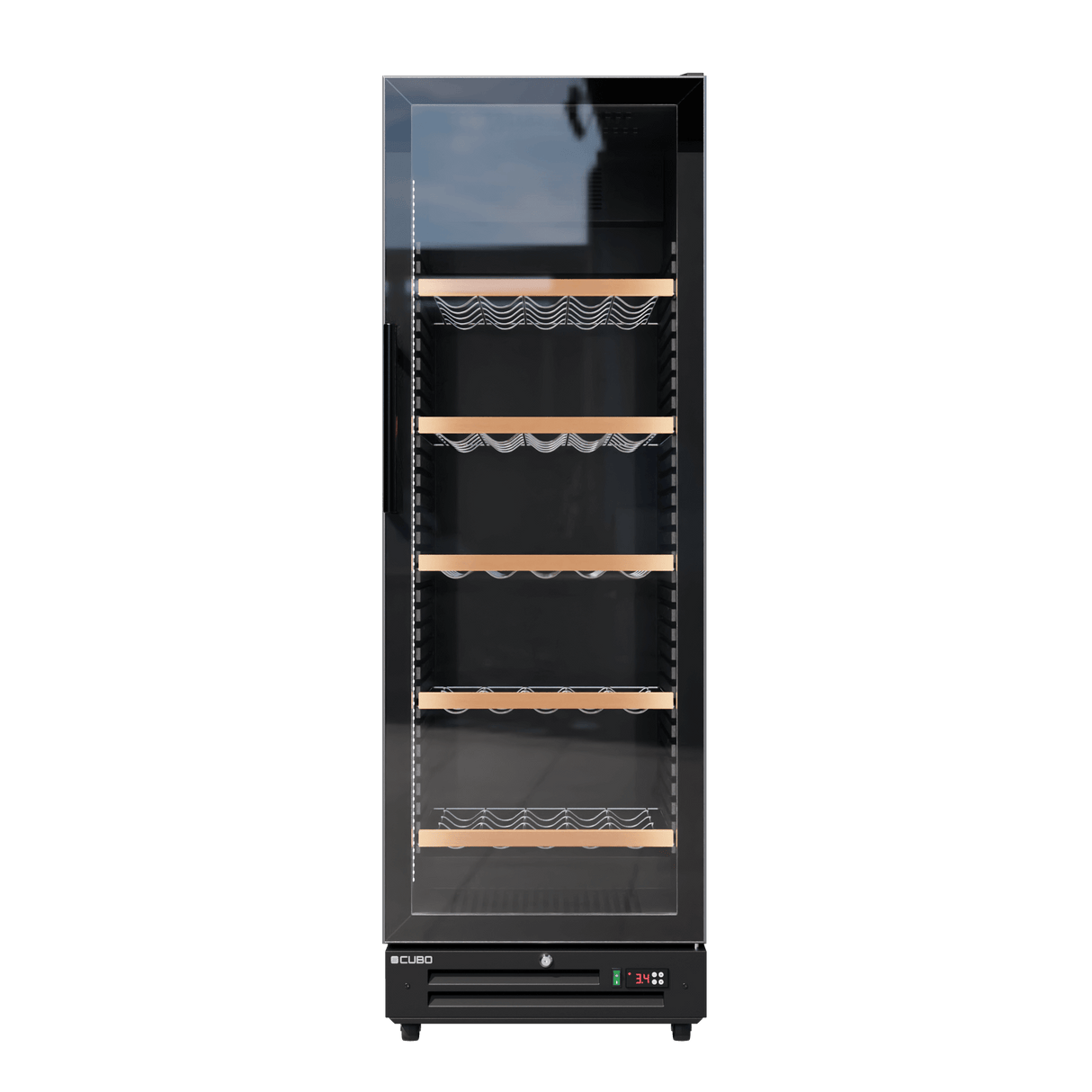CUBO Wine Display Cooler / Fridge 360L - 1 Door - 5 Shelves - Glass Door - Black Interior / Wooden Guardrail - CS-WF375