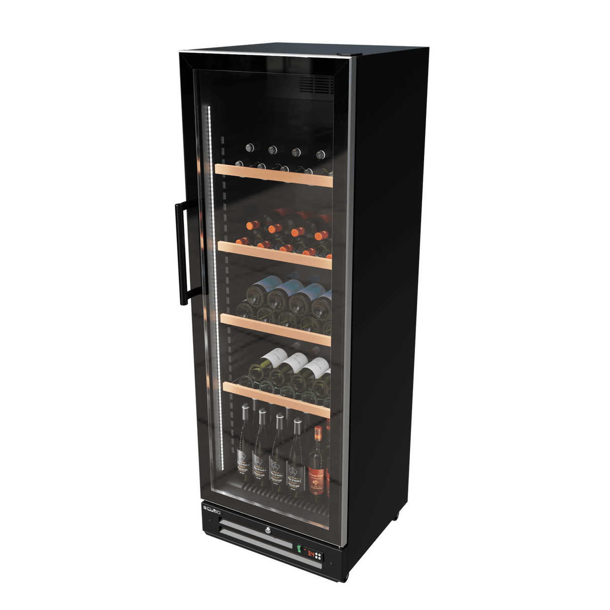 CUBO Wine Display Cooler / Fridge 360L - 1 Door - 5 Shelves - Glass Door - Black Interior / Wooden Guardrail - CS-WF375