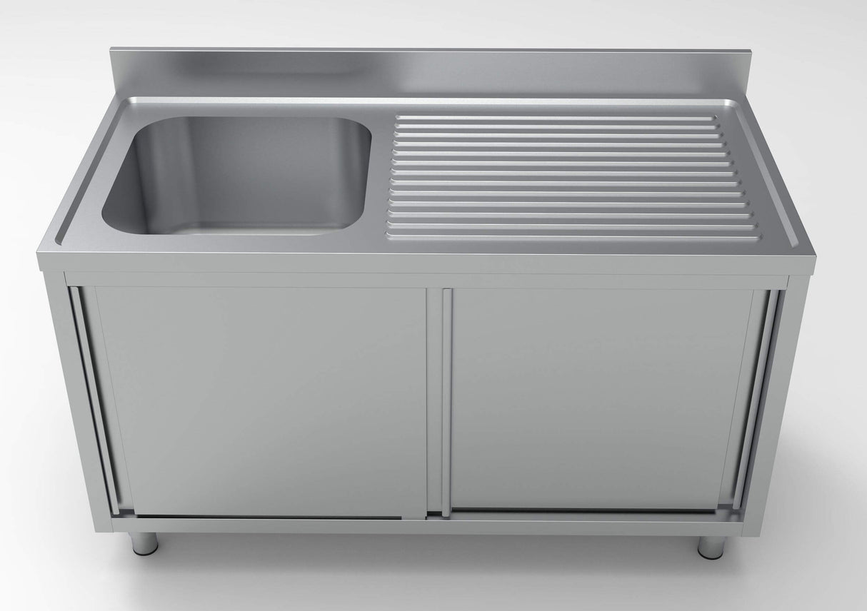 Combisteel 700 Stainless Steel Single Left Bowl Sink With Sliding Doors 1400mm Wide - 7333.0910 Sink Units with Drawers & Cupboards Combisteel