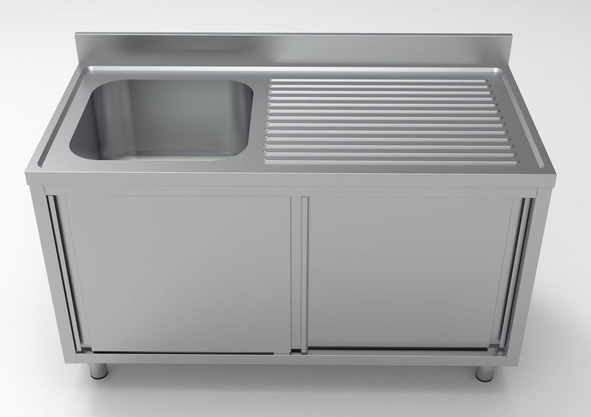 Combisteel 700 Stainless Steel Single Right Bowl Sink With Sliding Doors 1400mm Wide - 7333.0915 Sink Units with Drawers & Cupboards Combisteel