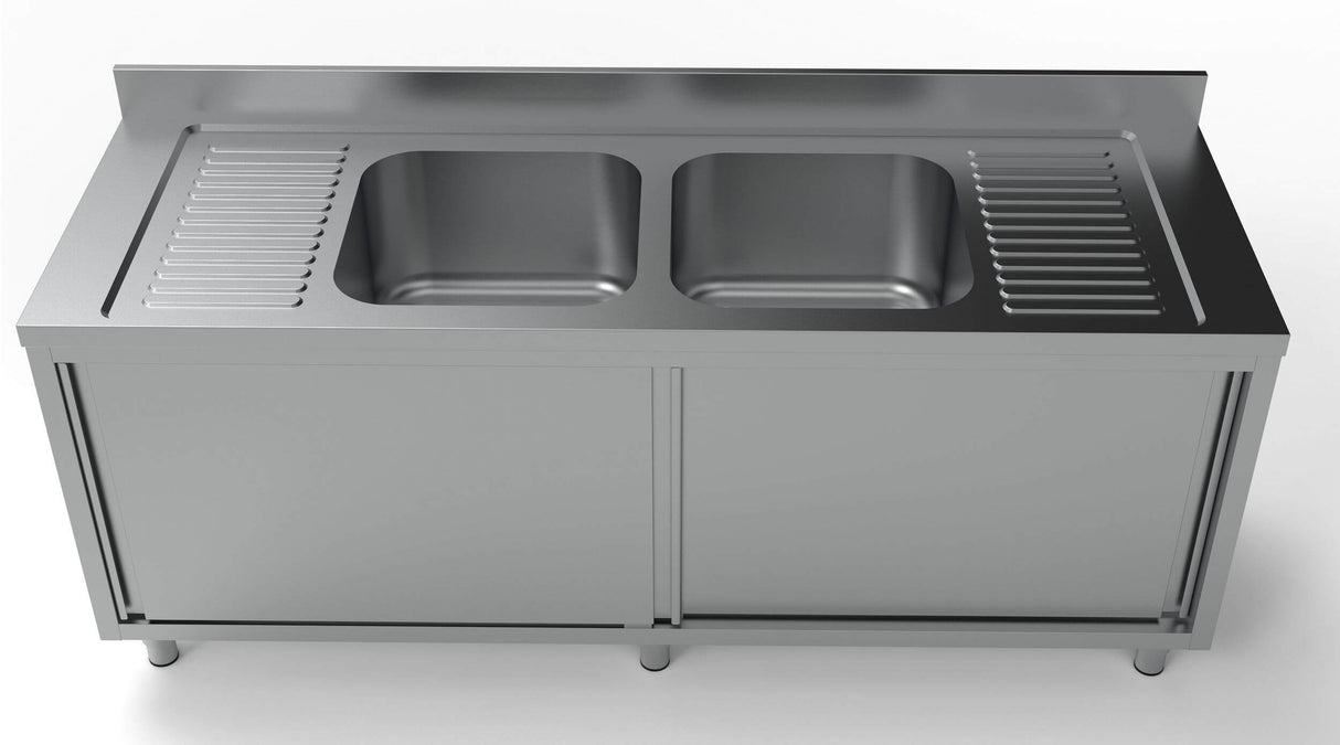Combisteel 700 Stainless Steel Double Bowl Sink With Sliding Doors 2000mm Wide - 7333.0920 Sink Units with Drawers & Cupboards Combisteel