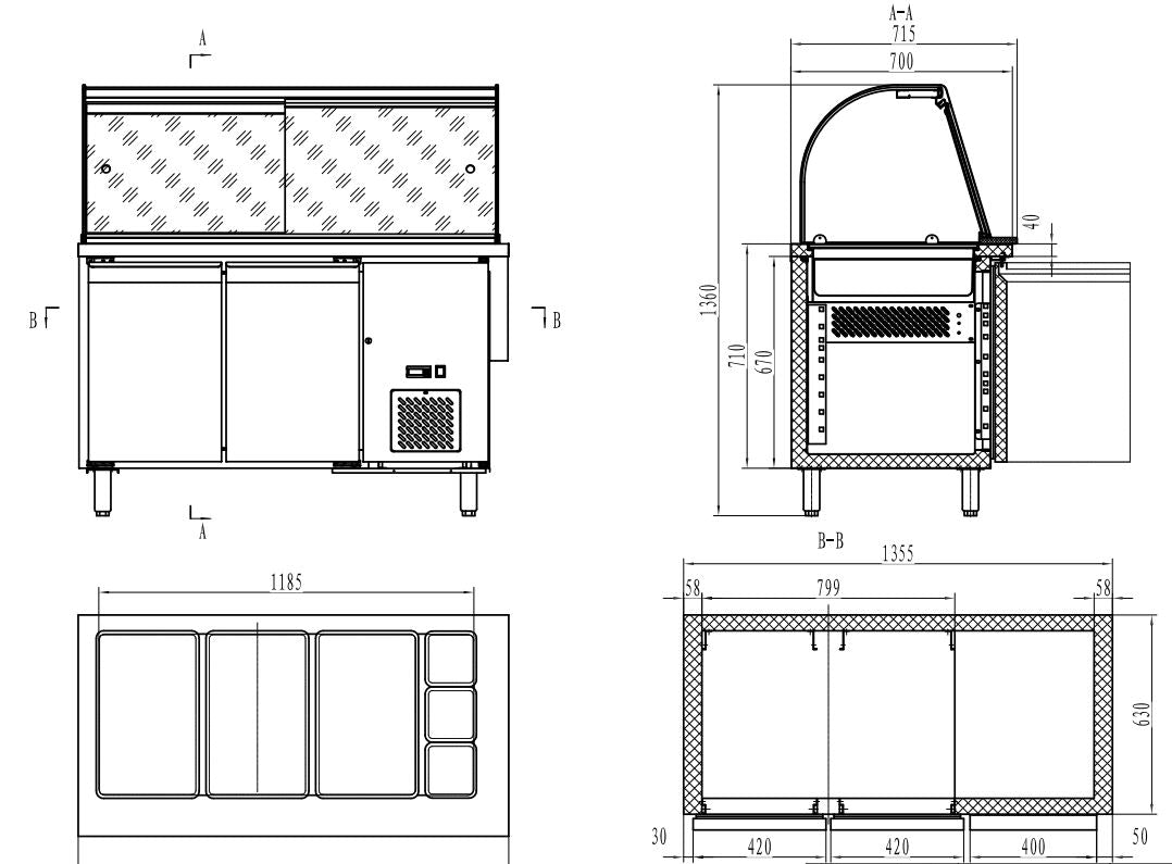 700 KOELWERKBANK GLAS RECHT 2 DEUREN 3X 1/1 + 3X 1/6 GN PAN - COMBISTEEL