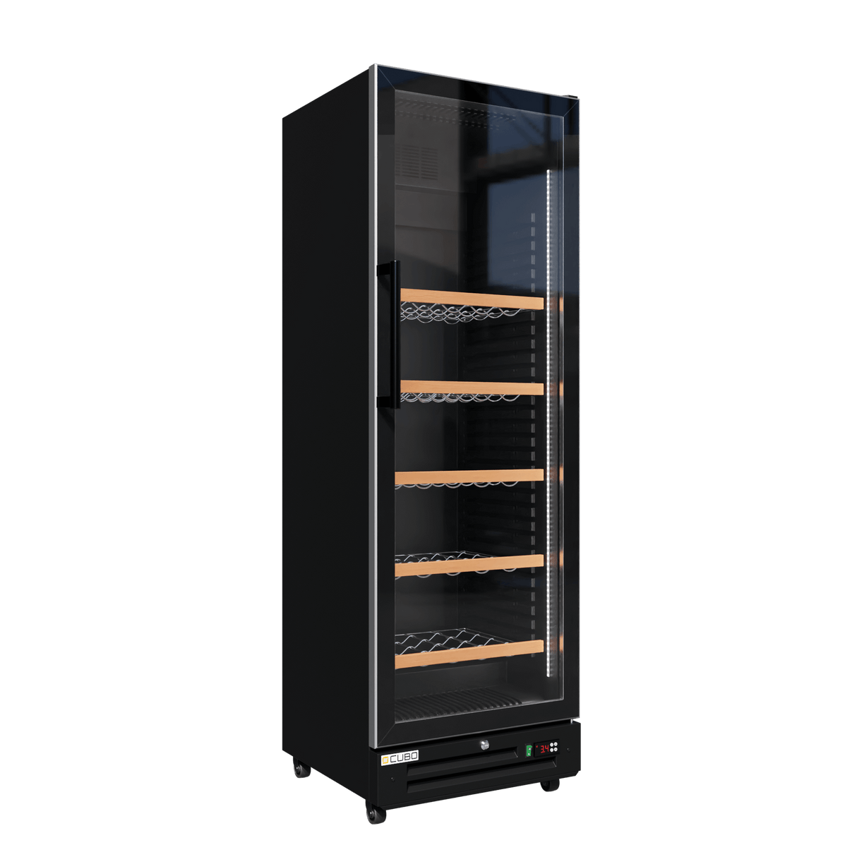 CUBO Wine Display Cooler / Fridge 360L - 1 Door - 5 Shelves - Glass Door - Black Interior / Wooden Guardrail - CS-WF375
