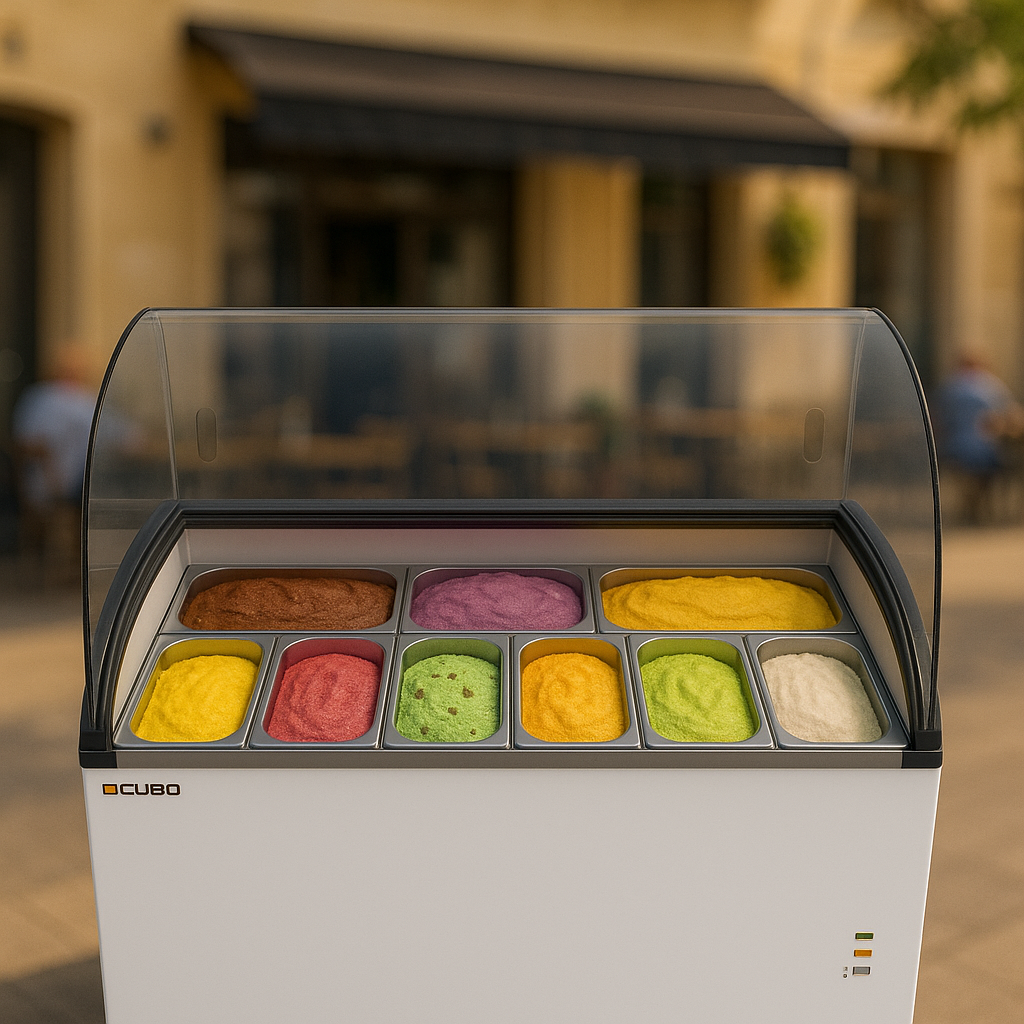 CUBO Ice Cream Serve Display Freezer 355L - 1270mm - Sliding Curved Glass Lid - 9 Pans - CS-CF420QIC-GT