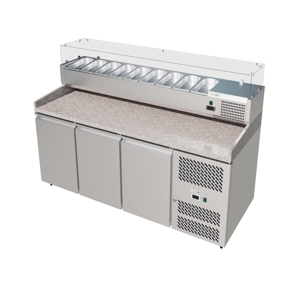 CUBO Pizza Cooling Table 580L - 3 Door Workbench - Stainless Steel - Granite Worksurface - 2020(W) x 800(D)mm - CS-PZ3600TN
