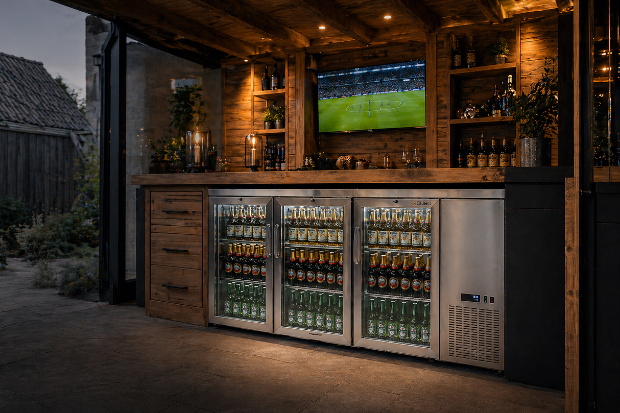 CUBO Barkühlschrank mit großem Fassungsvermögen, 516 l, 3 Glastüren mit Scharnieren, Edelstahl, niedrige Seitenkühlung, 470 Flaschen, CS-526HR