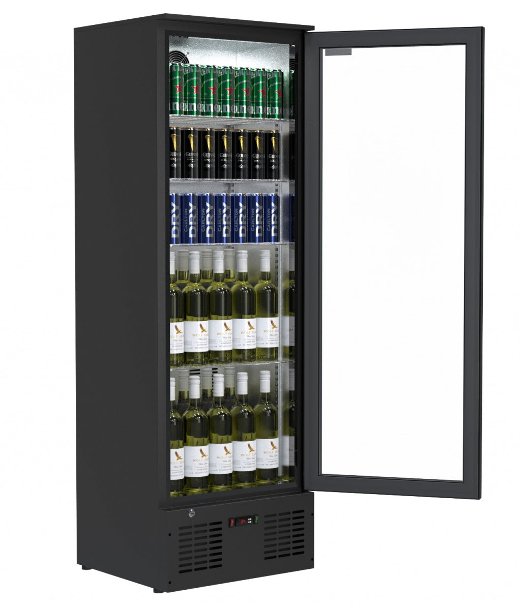 Cubo Getränkekühlschrank 300L - Schwarz mit Innenraum aus Edelstahl - 1 Glastür mit LED-Beleuchtung - Abschließbar mit Schloss - Energieeffizient - CS-310H