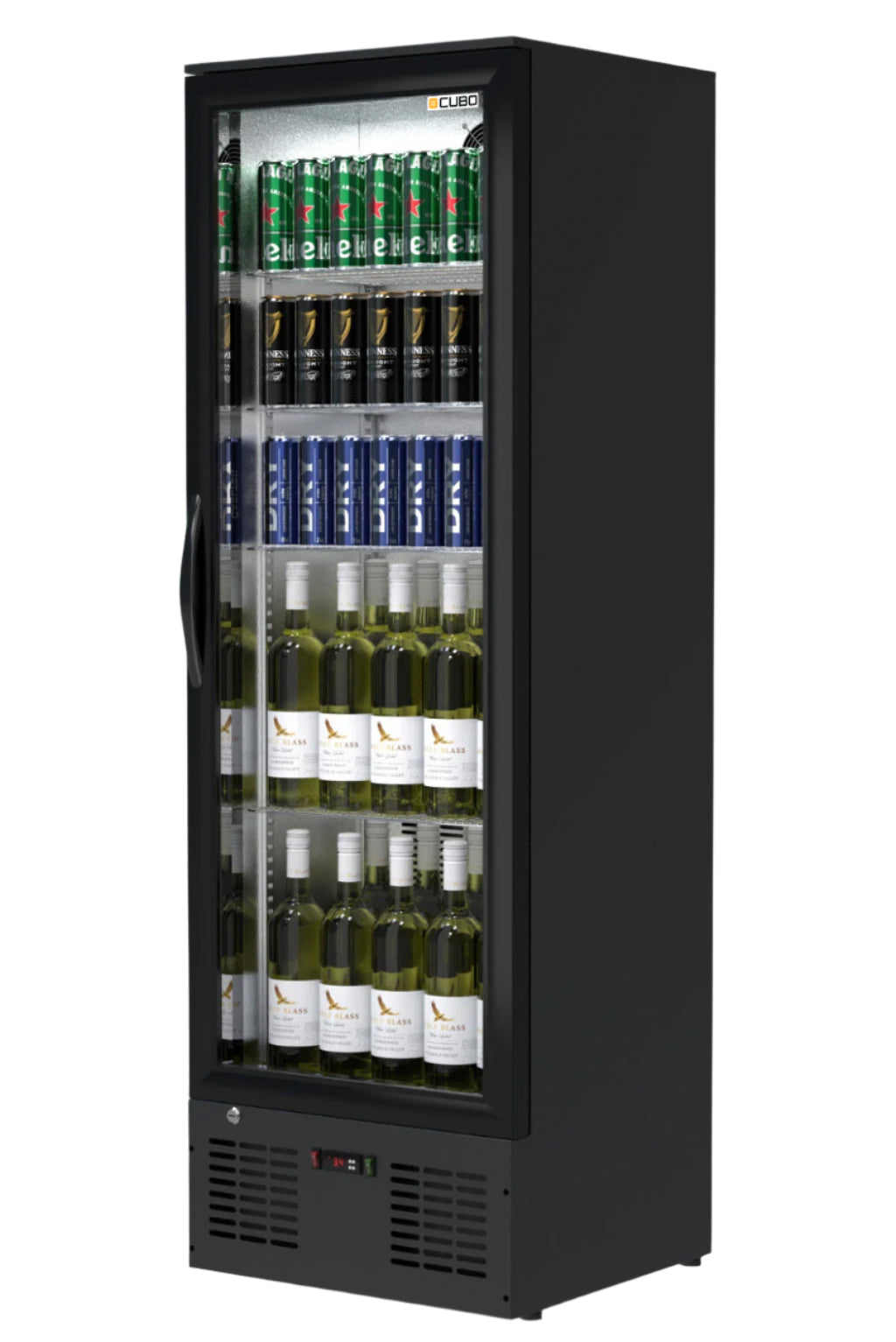 Cubo Getränkekühlschrank 300L - Schwarz mit Innenraum aus Edelstahl - 1 Glastür mit LED-Beleuchtung - Abschließbar mit Schloss - Energieeffizient - CS-310H