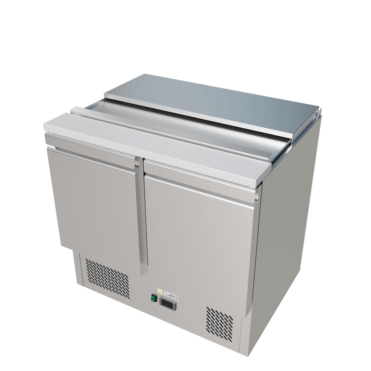 CUBO Saladette with Lid 240L - 2 Door Cooling Workbench - Stainless Steel - Includes GN pans - 900(W) x 700(D)mm - CS-S900