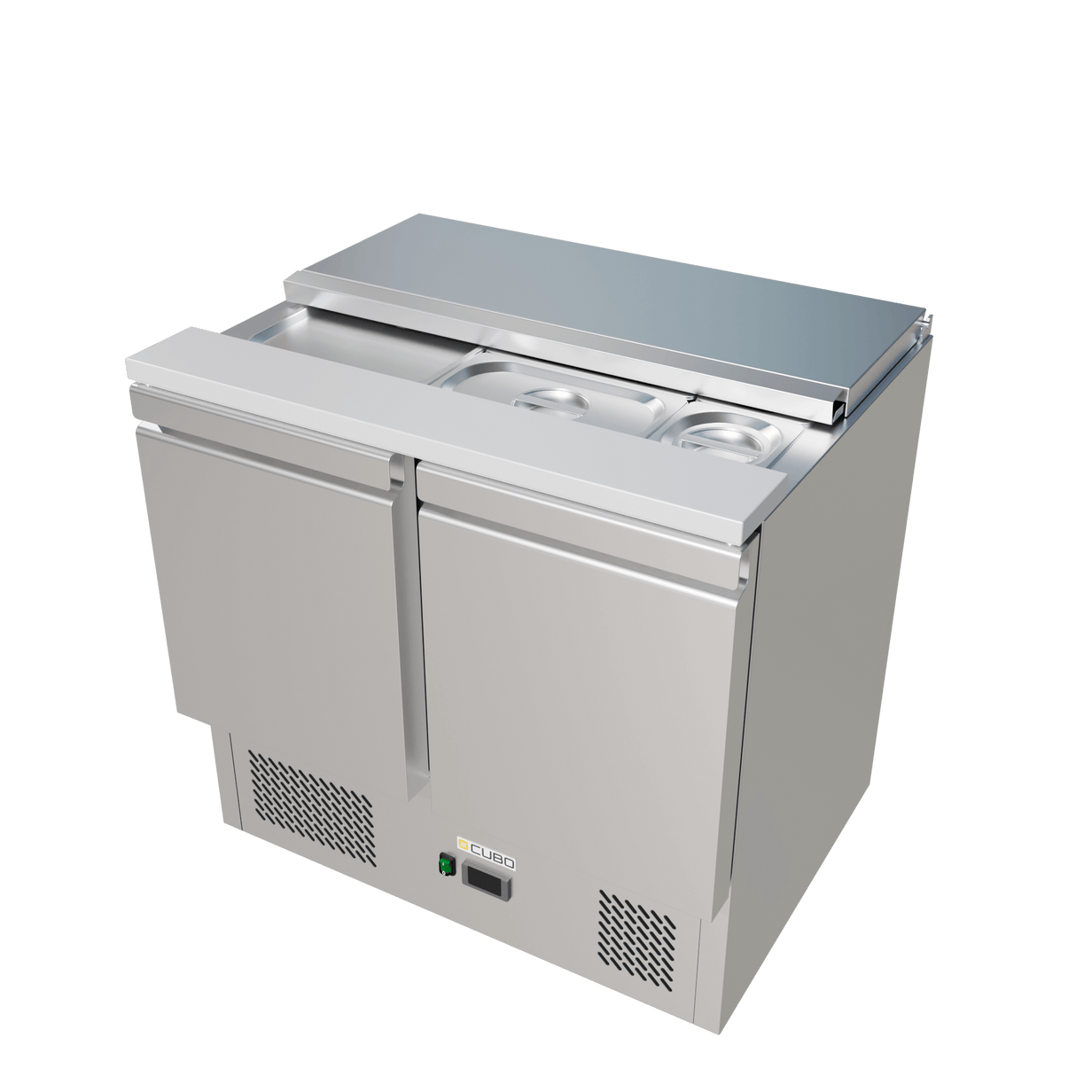 CUBO Saladette with Lid 240L - 2 Door Cooling Workbench - Stainless Steel - Includes GN pans - 900(W) x 700(D)mm - CS-S900