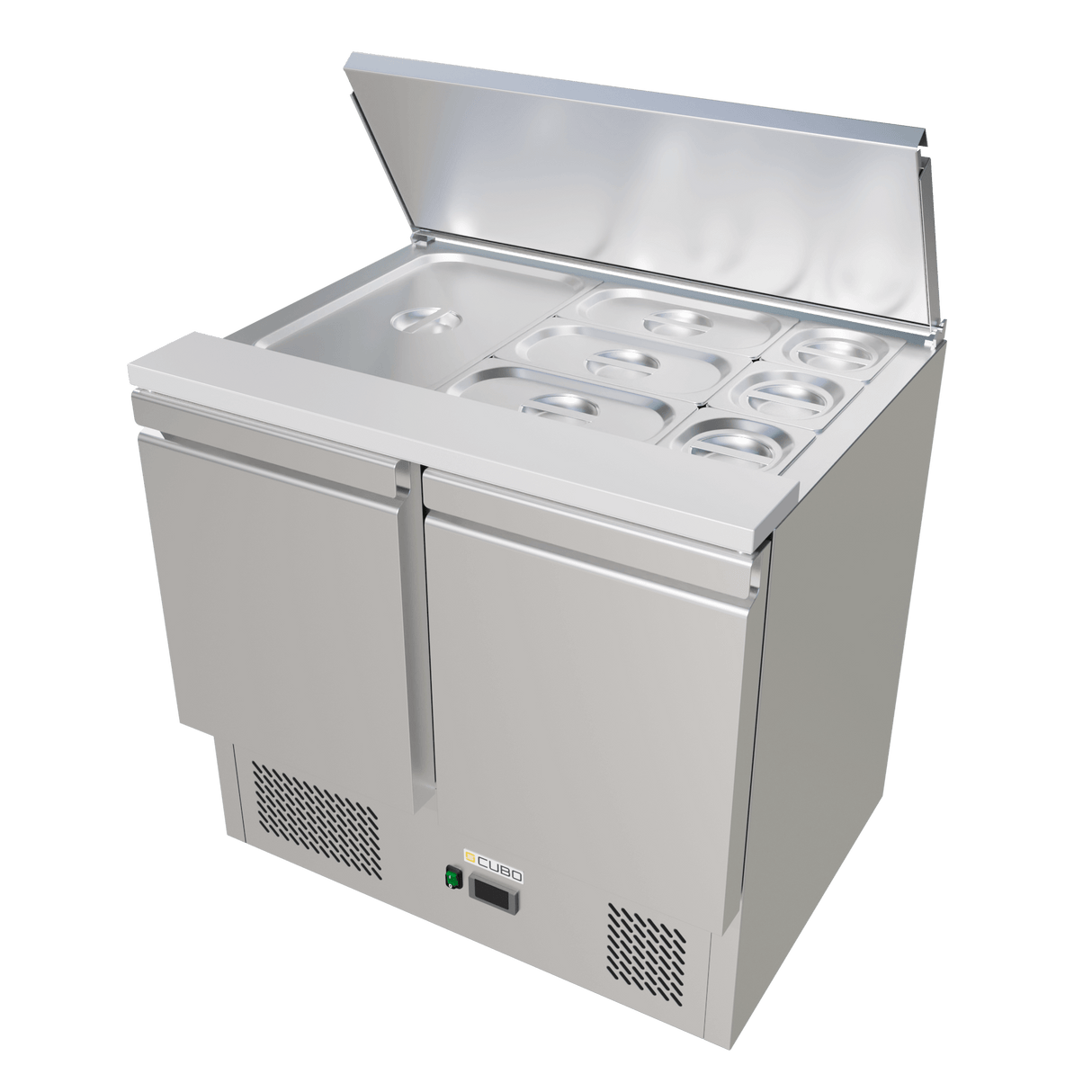 CUBO Saladette with Lid 240L - 2 Door Cooling Workbench - Stainless Steel - Includes GN pans - 900(W) x 700(D)mm - CS-S900
