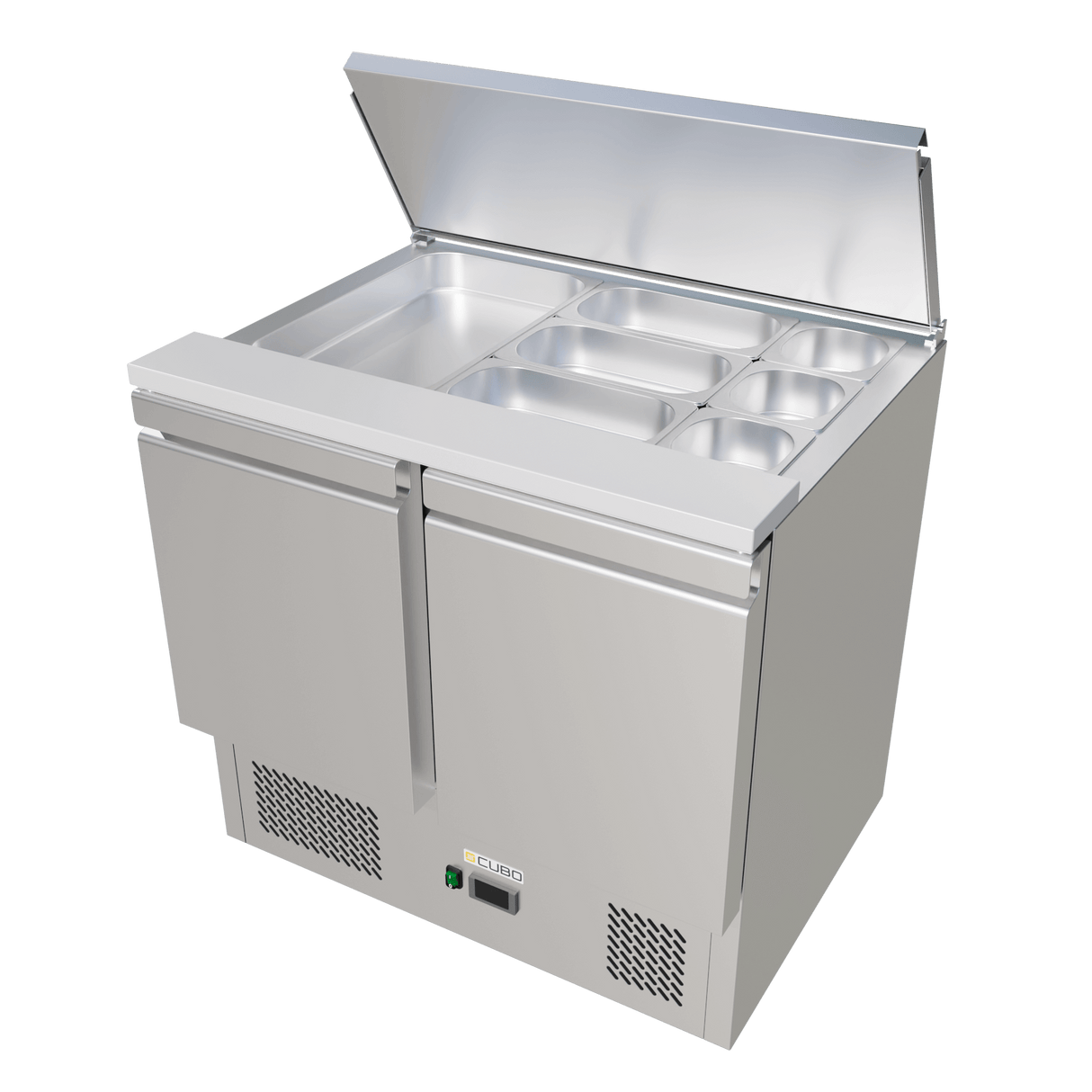 CUBO Saladette with Lid 240L - 2 Door Cooling Workbench - Stainless Steel - Includes GN pans - 900(W) x 700(D)mm - CS-S900