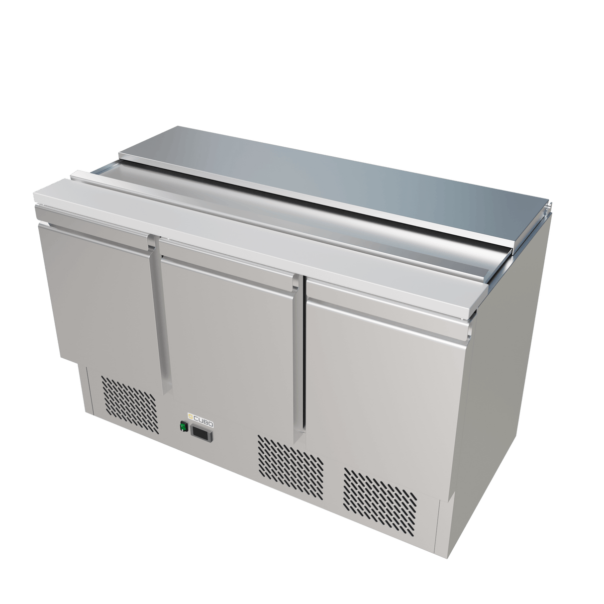 CUBO Saladette with Lid 368L - 3 Door Cooling Workbench - Stainless Steel - Includes GN pans - 1365(W) x 700(D)mm - CS-S903