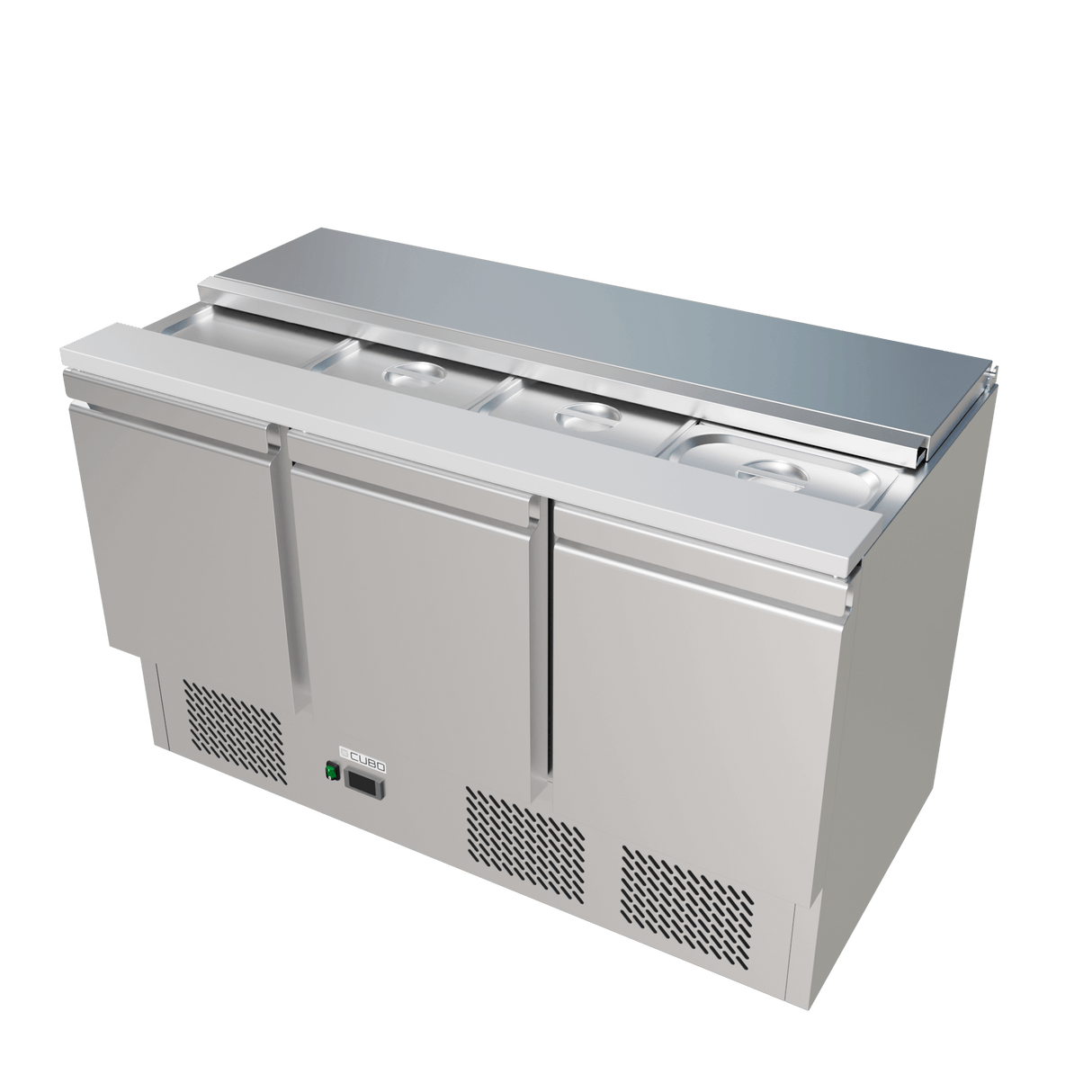 CUBO Saladette with Lid 368L - 3 Door Cooling Workbench - Stainless Steel - Includes GN pans - 1365(W) x 700(D)mm - CS-S903
