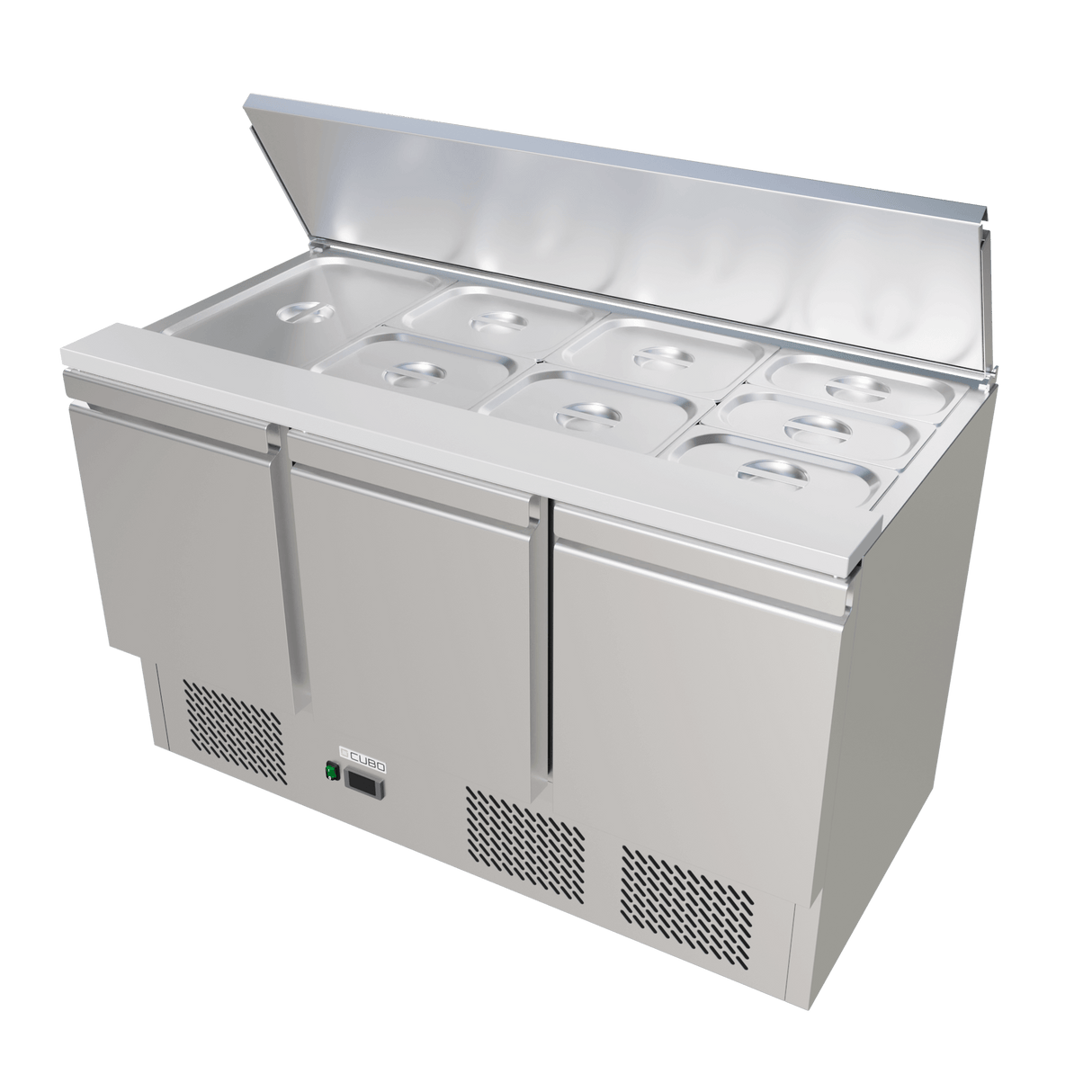 CUBO Saladette with Lid 368L - 3 Door Cooling Workbench - Stainless Steel - Includes GN pans - 1365(W) x 700(D)mm - CS-S903