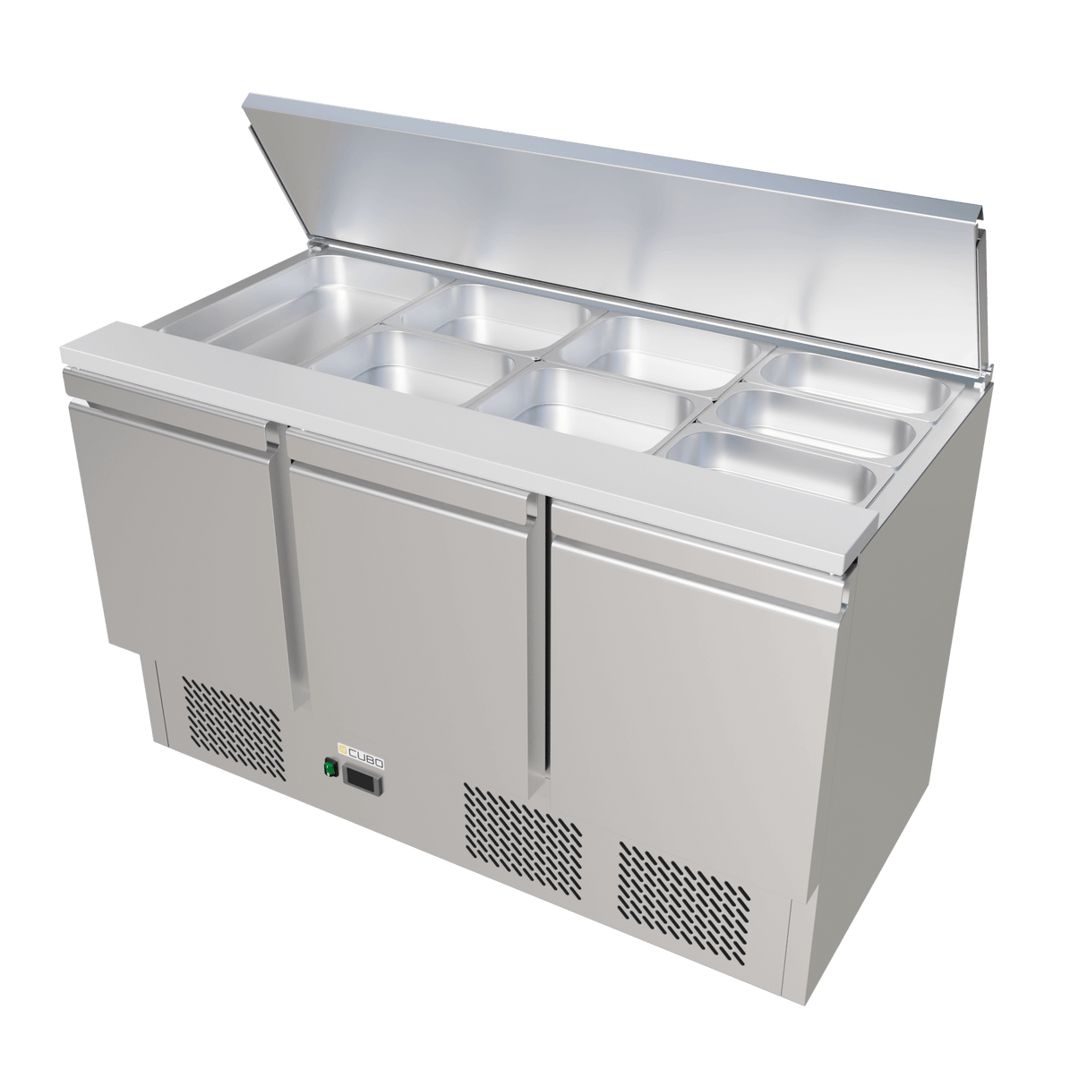 CUBO Saladette with Lid 368L - 3 Door Cooling Workbench - Stainless Steel - Includes GN pans - 1365(W) x 700(D)mm - CS-S903