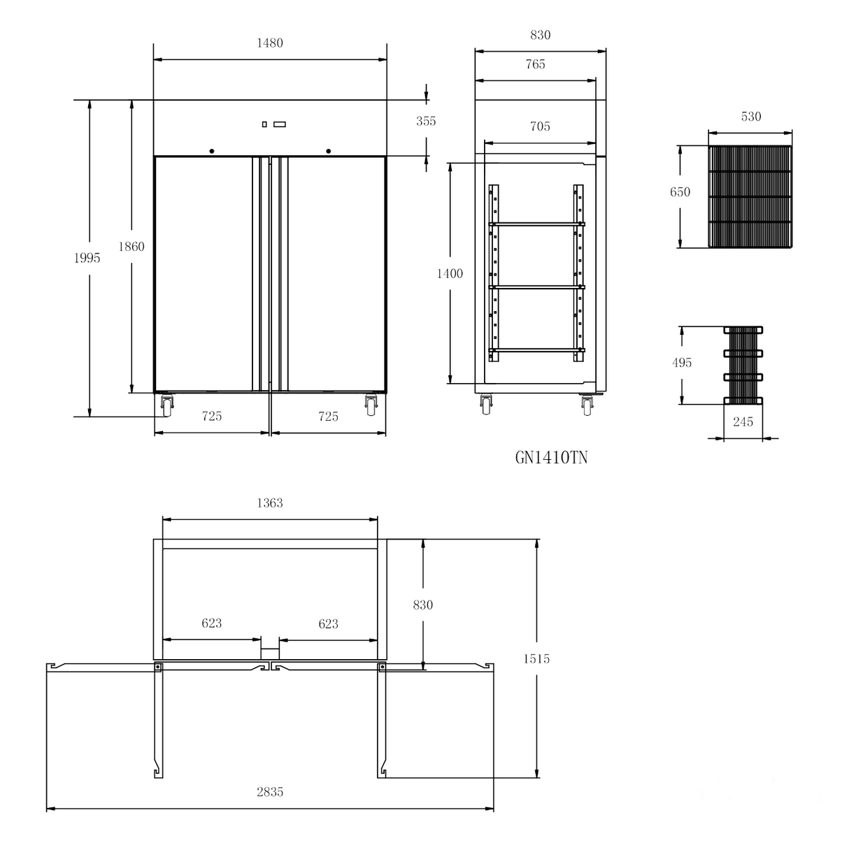 CUBO Storage Refrigerator 1300L - 2 Door - Stainless Steel Upright - Fan Assisted Cooling - GN2/1 - CS-GN1410TN