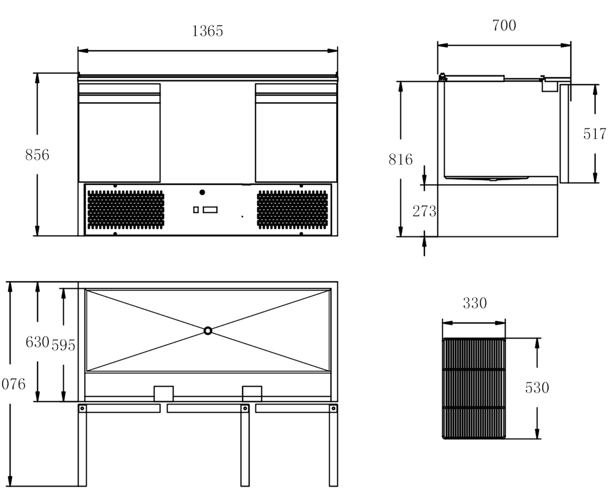 CUBO Saladette with Lid 368L - 3 Door Cooling Workbench - Stainless Steel - Includes GN pans - 1365(W) x 700(D)mm - CS-S903