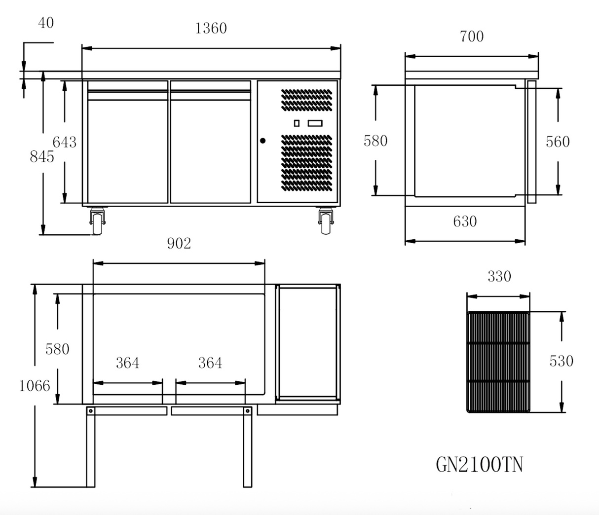 Cubo Koelwerkbank - RVS werkblad - 282L - 2-deurs - 1360 (B) x 700 (D) - CS-GN2100TN