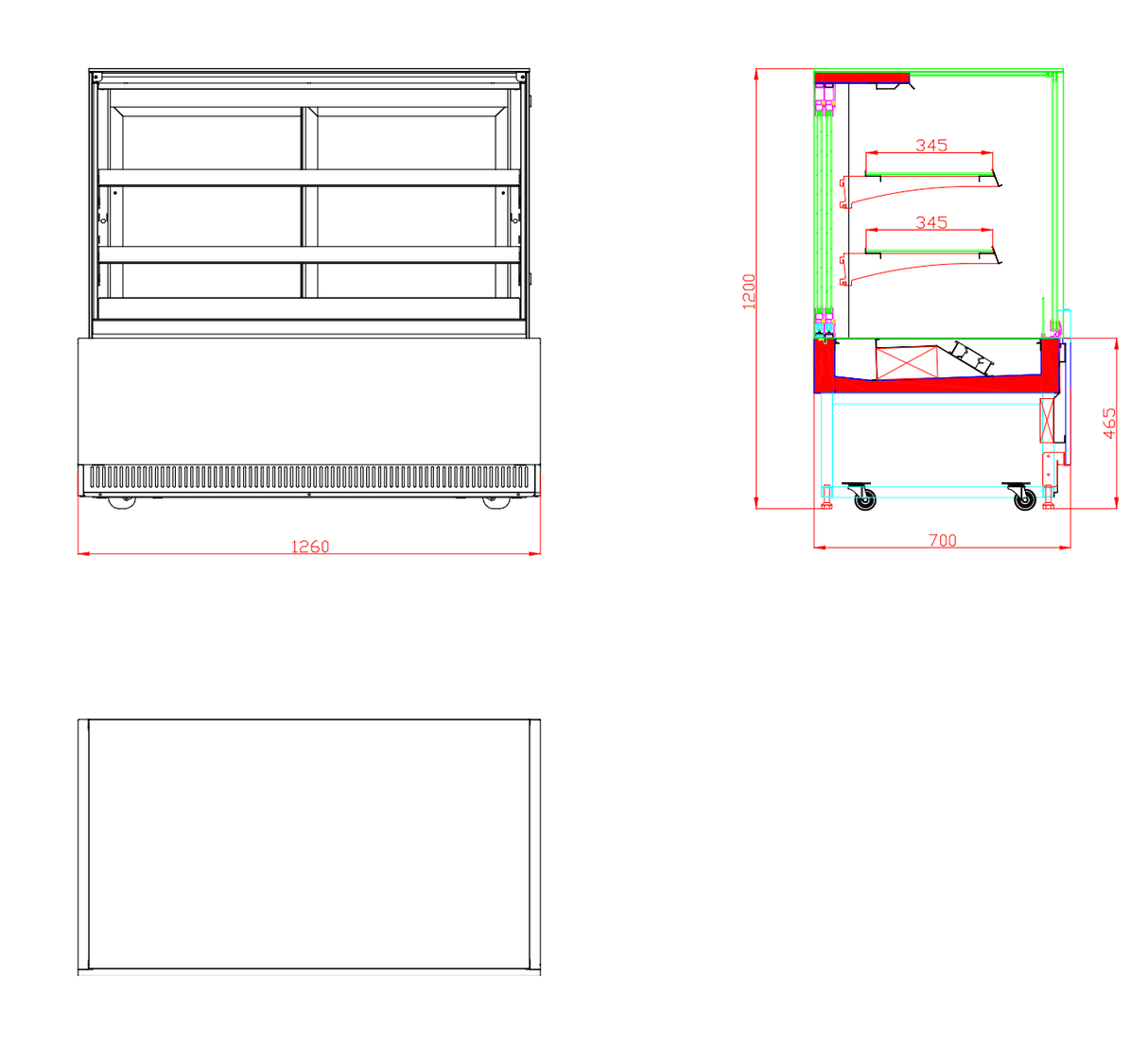 CUBO Cake & Pastry Counter 400L - 1260mm - Refrigerated Display - 2 Stainless Steel Shelves - Black with Glass Door - CS-BDC12