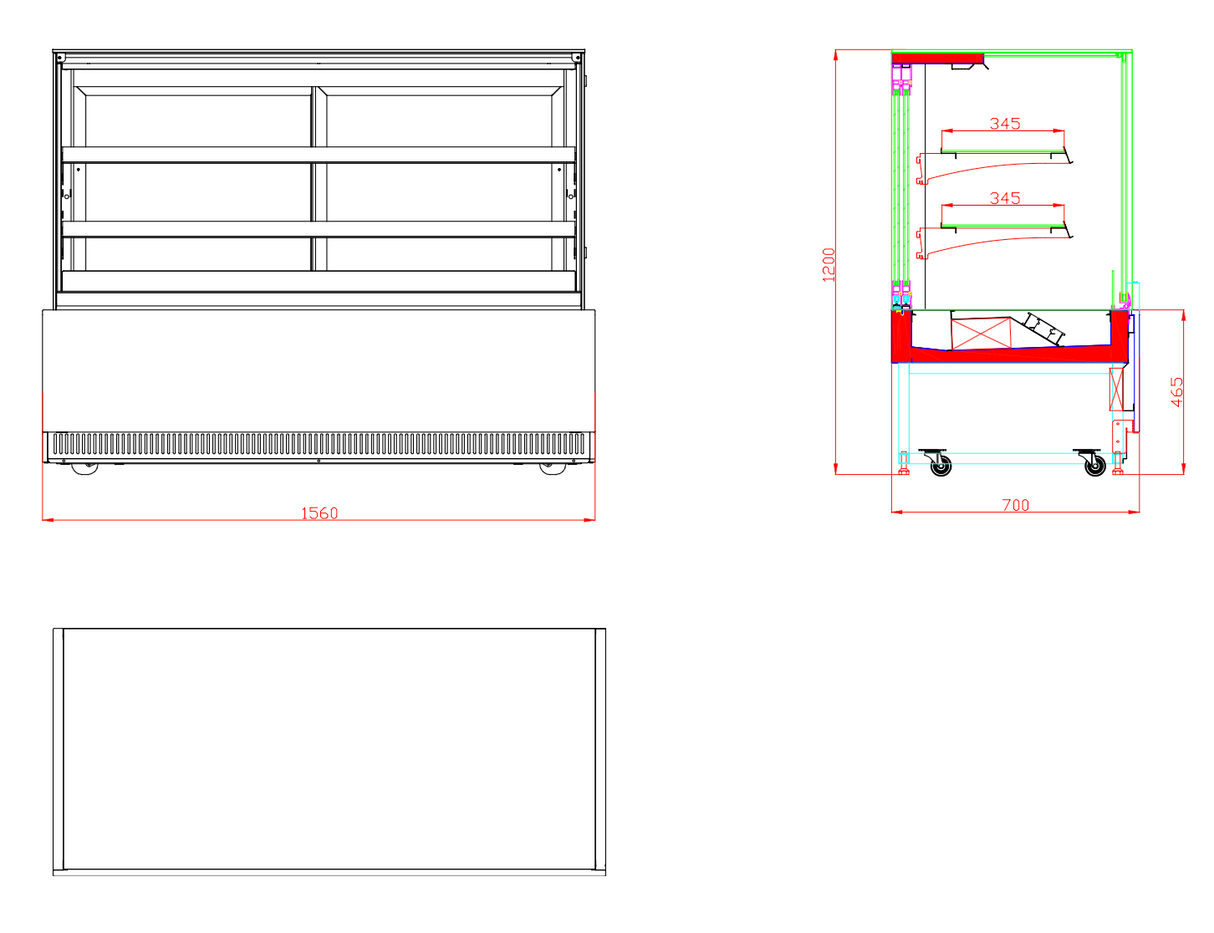 CUBO Cake & Pastry Counter 560L - 1560mm - Refrigerated Display - 2 Stainless Steel Shelves - Black with Glass Door - CS-BDC16