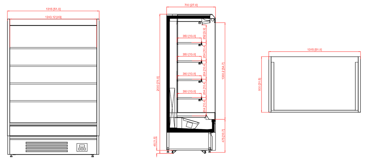 CUBO Multideck 448L - Wall Cooler - 4 Stainless Steel Shelves - LED Lighting - Black with open front - CS-MD13