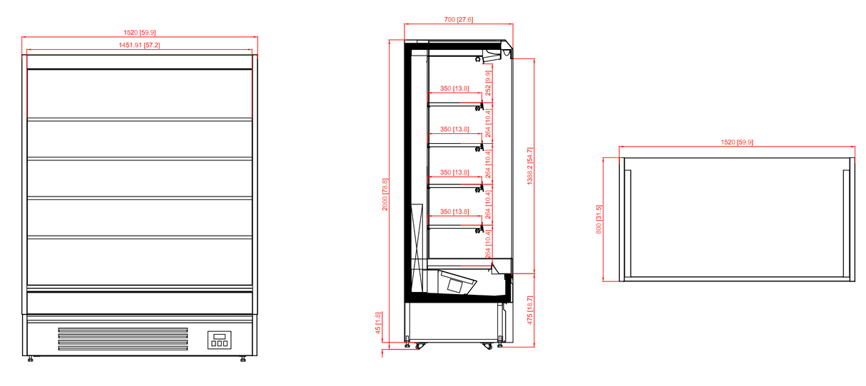 CUBO Multideck 516L - Wall Cooler - 4 Stainless Steel Shelves - LED Lighting - Black with open front - CS-MD15