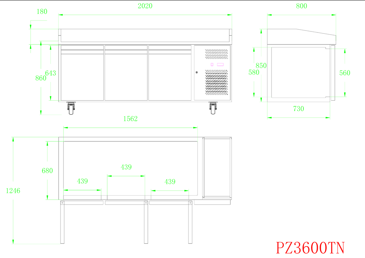 CUBO Pizza Cooling Table 580L - 3 Door Workbench - Stainless Steel - Granite Worksurface - 2020(W) x 800(D)mm - CS-PZ3600TN
