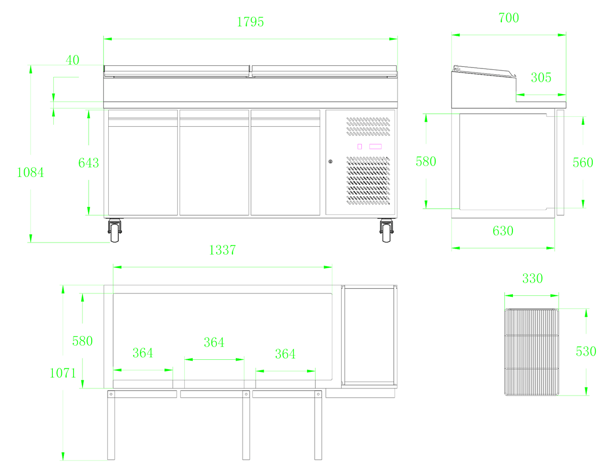 CUBO Saladette with Lid 417L - 3 Door Cooling Workbench - Stainless Steel - 1795(W) × 700(D)mm - Includes GN pans - CS-SH3000/700