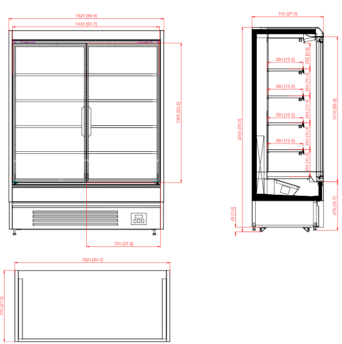 CUBO Multideck 693L - Wall Cooler - 4 Stainless Steel Shelves - LED Lighting - Black with 2 glass doors - CS-MDGD