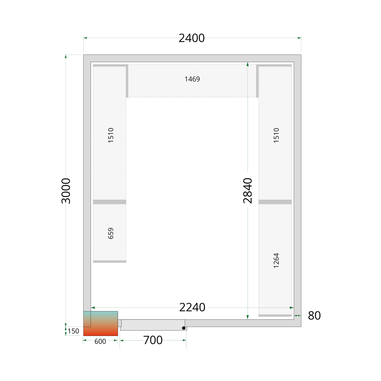 TEFCOLD Cold room panels 80 mm - without floor - CR 240x300x212 NF