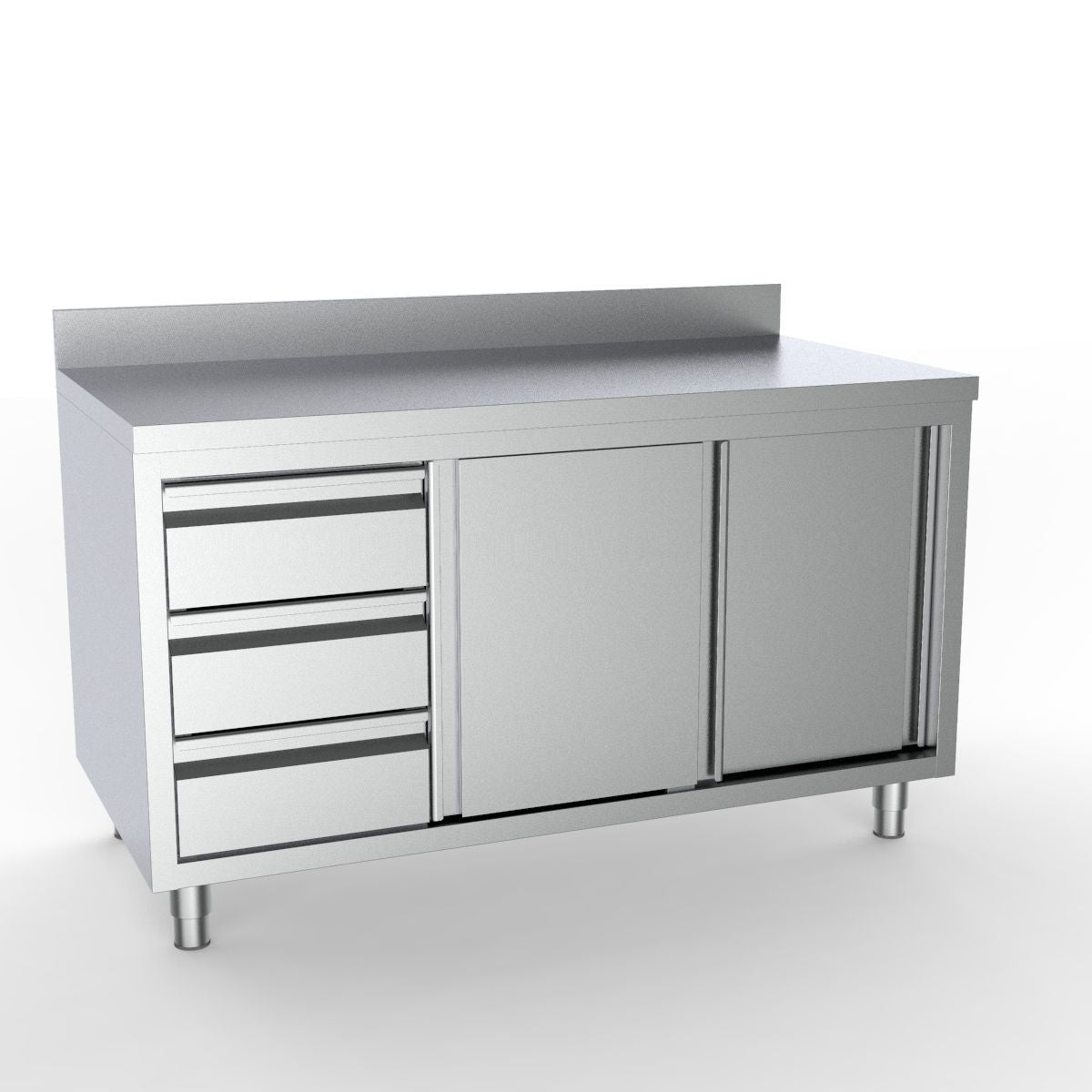 Combisteel Full 430 Stainless Steel Worktable With Sliding Doors, 3 Drawers & Upstand 1400mm Wide Stainless Steel Worktops With Cupboards Combisteel