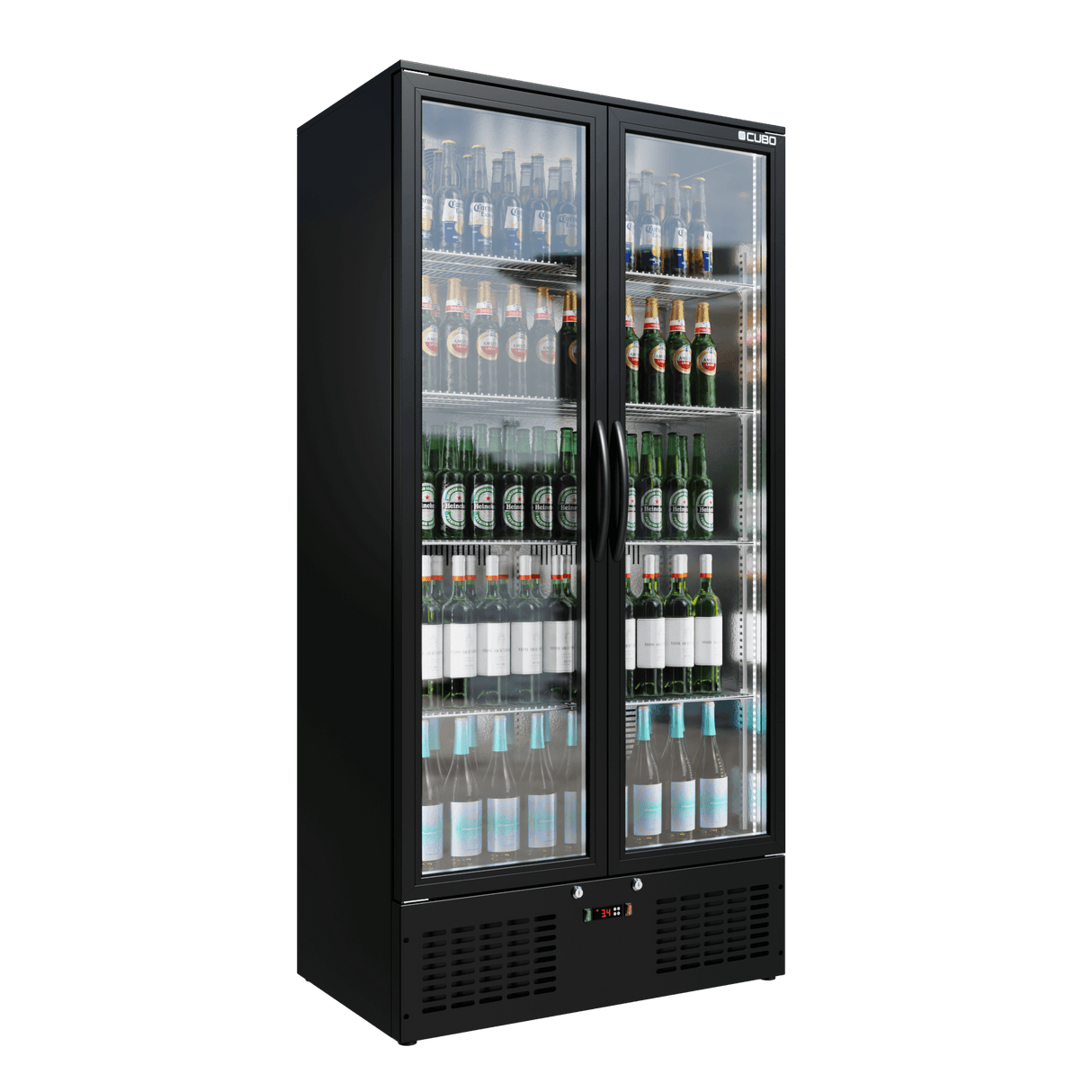 CUBO Upright Bar Fridge 477L - Black with Stainless Steel Interior - 2 Glass Doors with LED Lighting - Lockable with Key - Energy Efficient - CS-510H