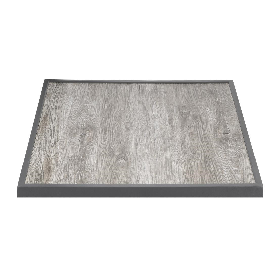 Bolero Wood Grain Effect Outdoor Tempered Glass Table Top Grey Trim 700mm - FU515 Bolero