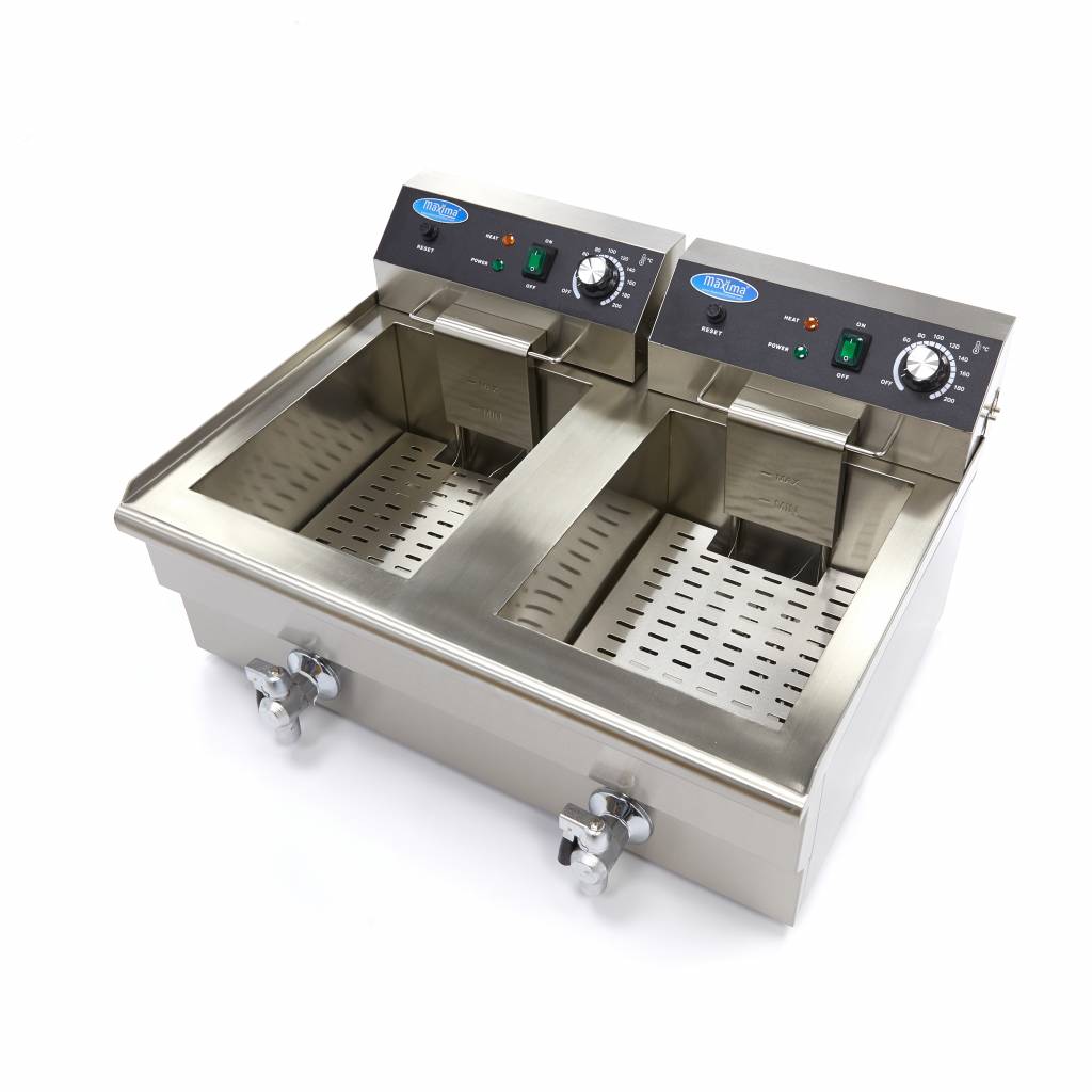 Maxima Deep Fryer - 2 x 16L - 2 Baskets - with Drain Tap - 09365011