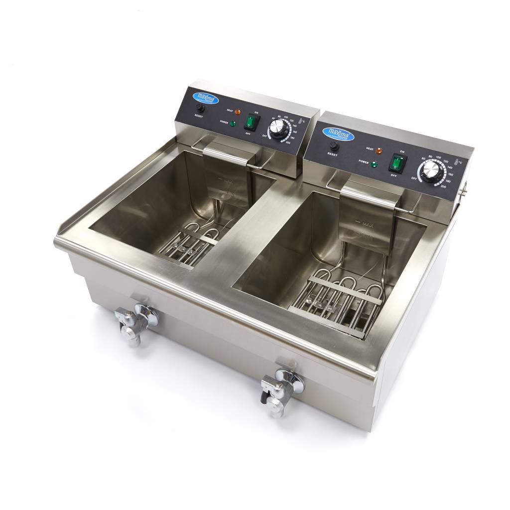 Maxima Deep Fryer - 2 x 16L - 2 Baskets - with Drain Tap - 09365011