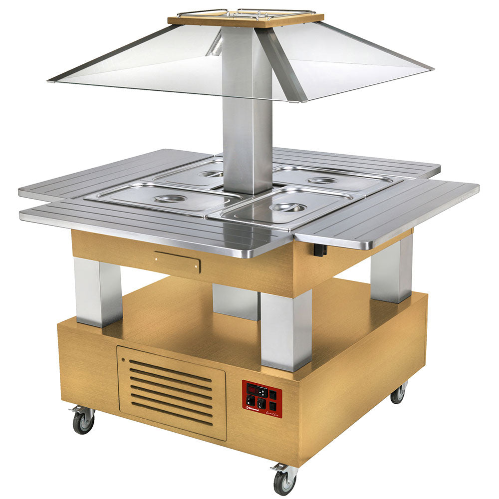 Diamond Island Bain-Marie Warmbuffet, motorisiertes Dach 4x GN1/1-150 (helles Holz) - CBM/4D-D1_KM