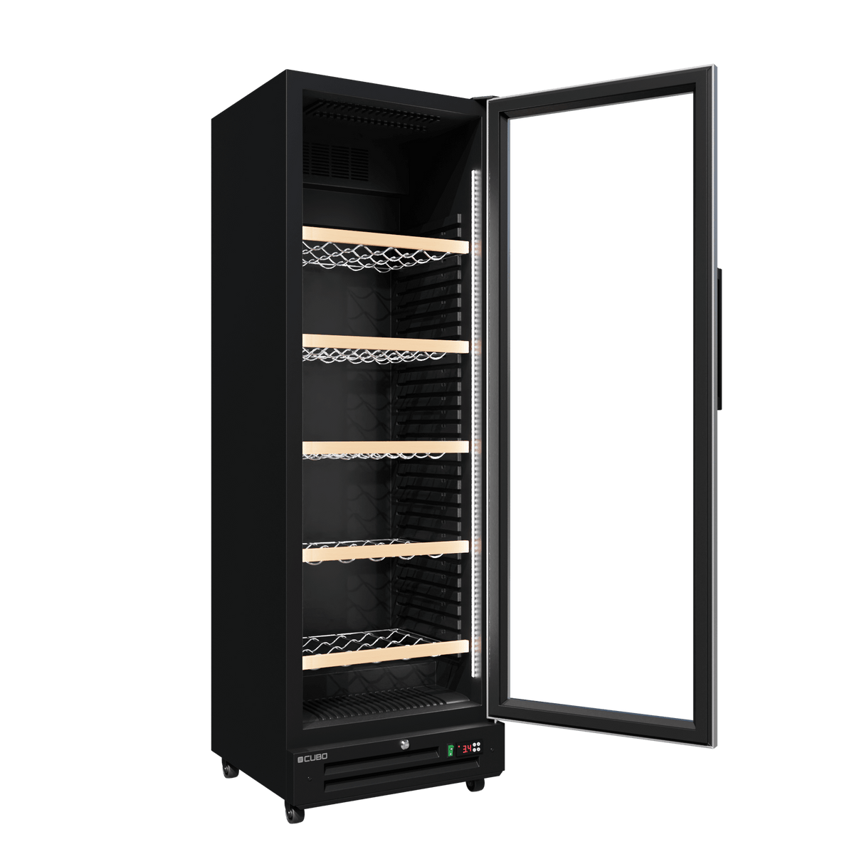 CUBO Wine Display Cooler / Fridge 360L - 1 Door - 5 Shelves - Glass Door - Black Interior / Wooden Guardrail - CS-WF375