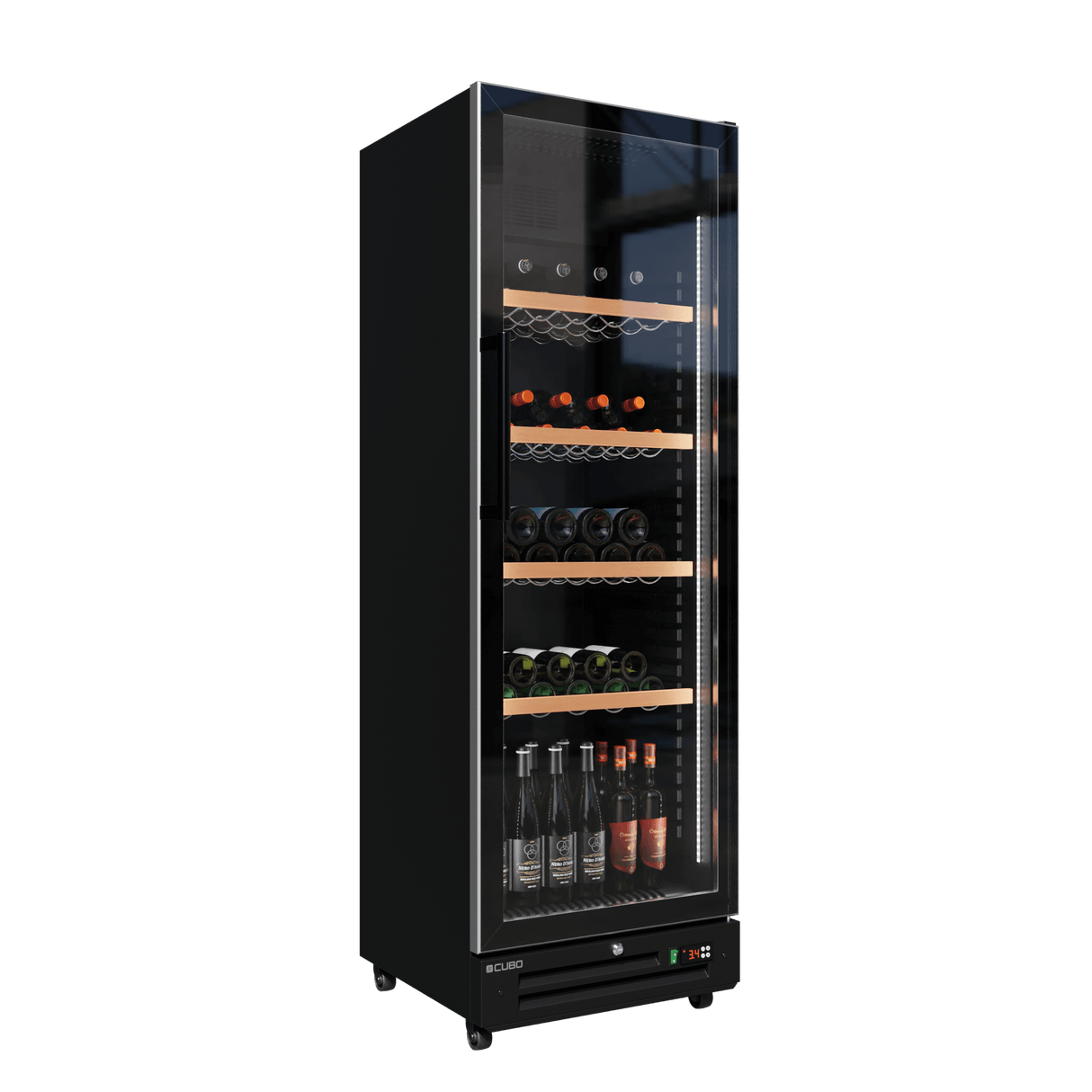 CUBO Wine Display Cooler / Fridge 360L - 1 Door - 5 Shelves - Glass Door - Black Interior / Wooden Guardrail - CS-WF375
