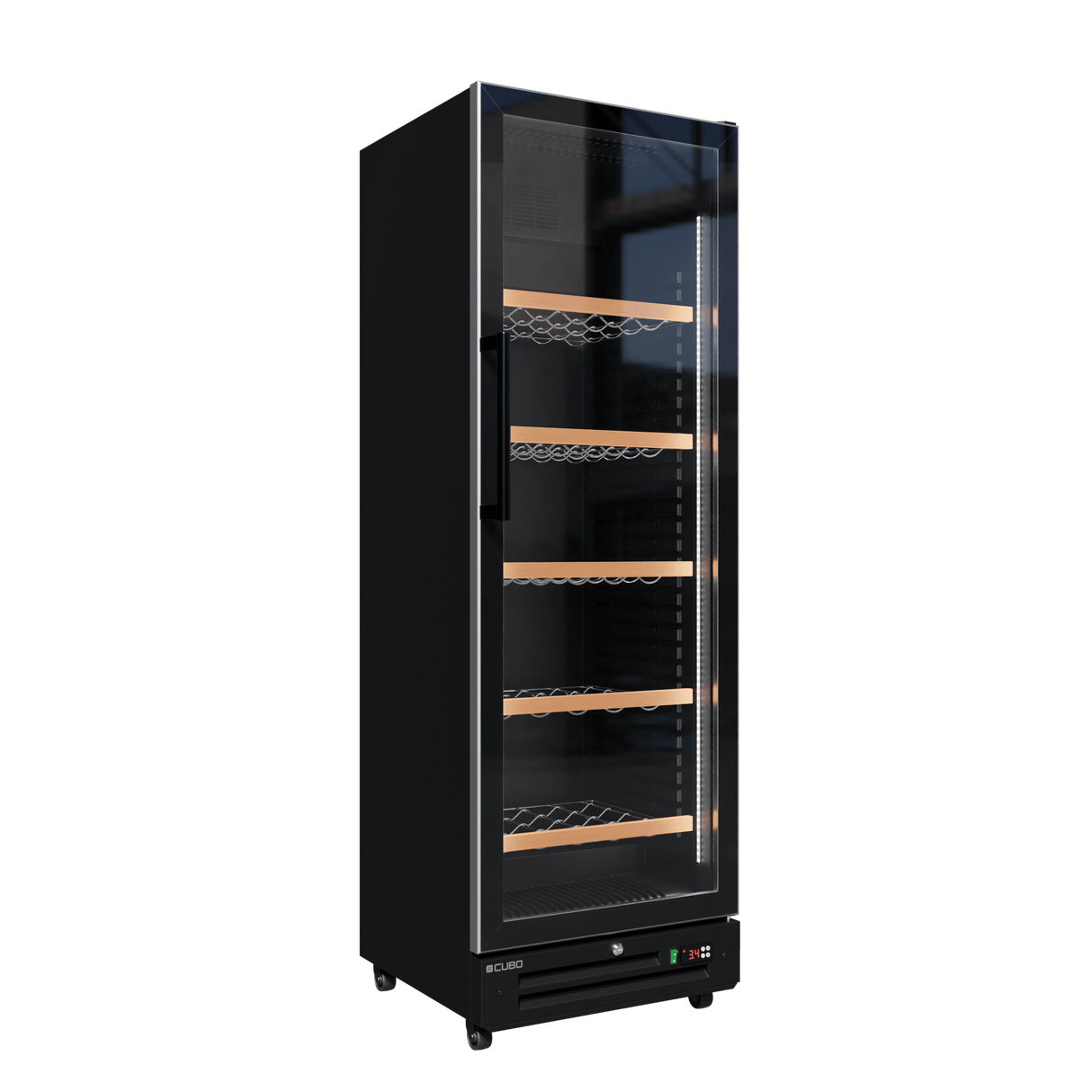 CUBO Wine Display Cooler / Fridge 360L - 1 Door - 5 Shelves - Glass Door - Black Interior / Wooden Guardrail - CS-WF375