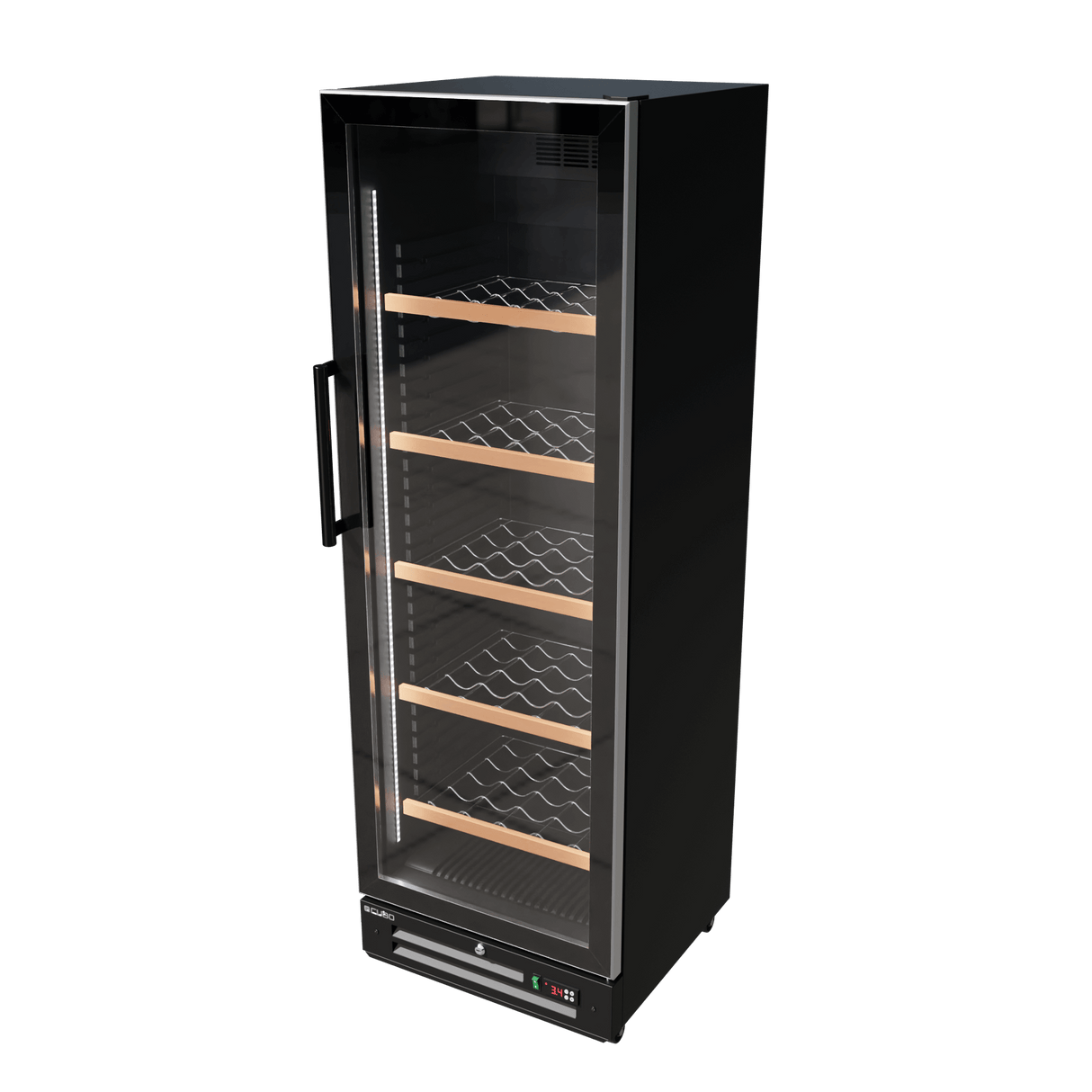 CUBO Wine Display Cooler / Fridge 360L - 1 Door - 5 Shelves - Glass Door - Black Interior / Wooden Guardrail - CS-WF375